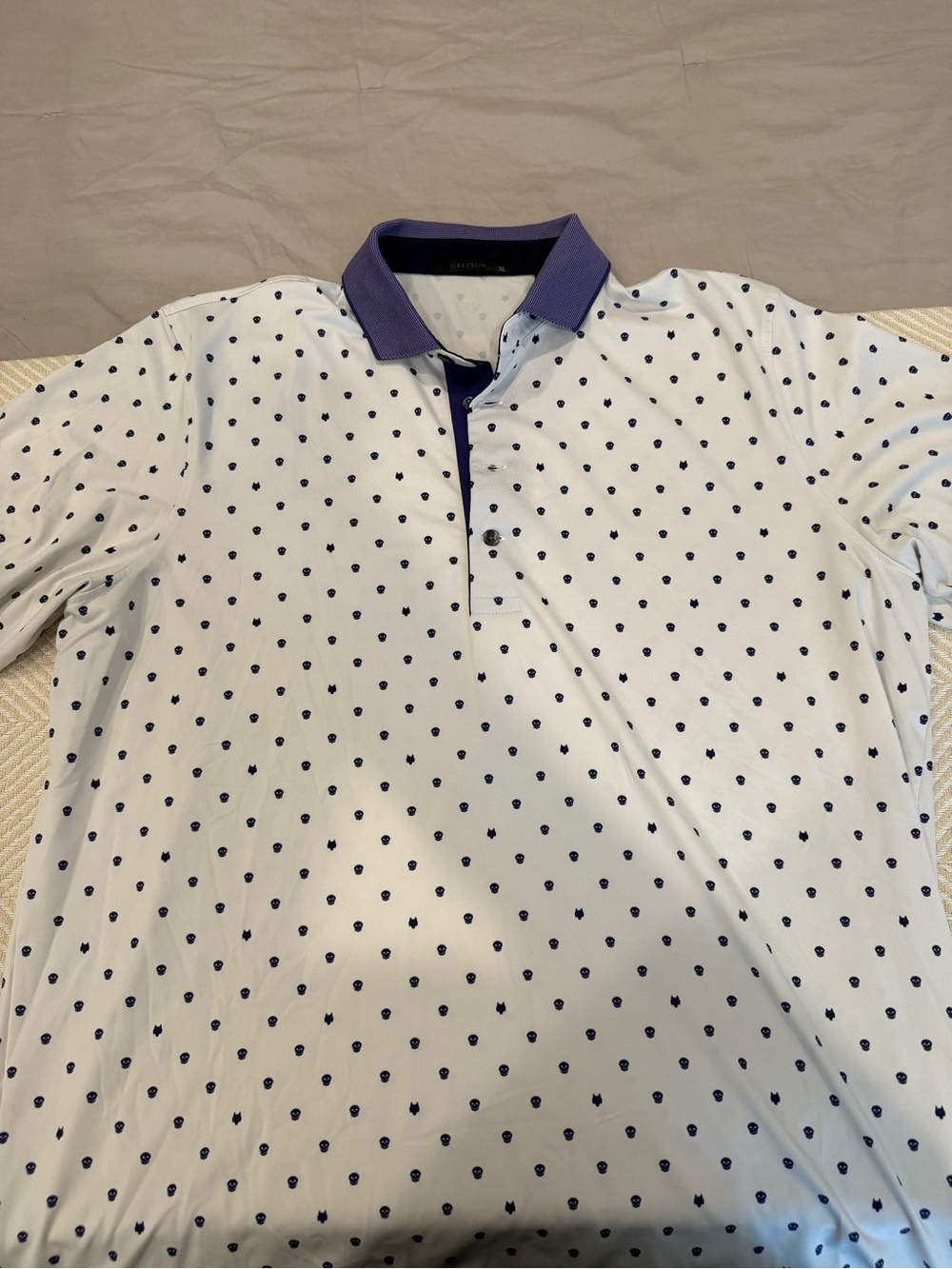 Greyson White Polo with Purple Skull / Wolf pattern and Knit Collar